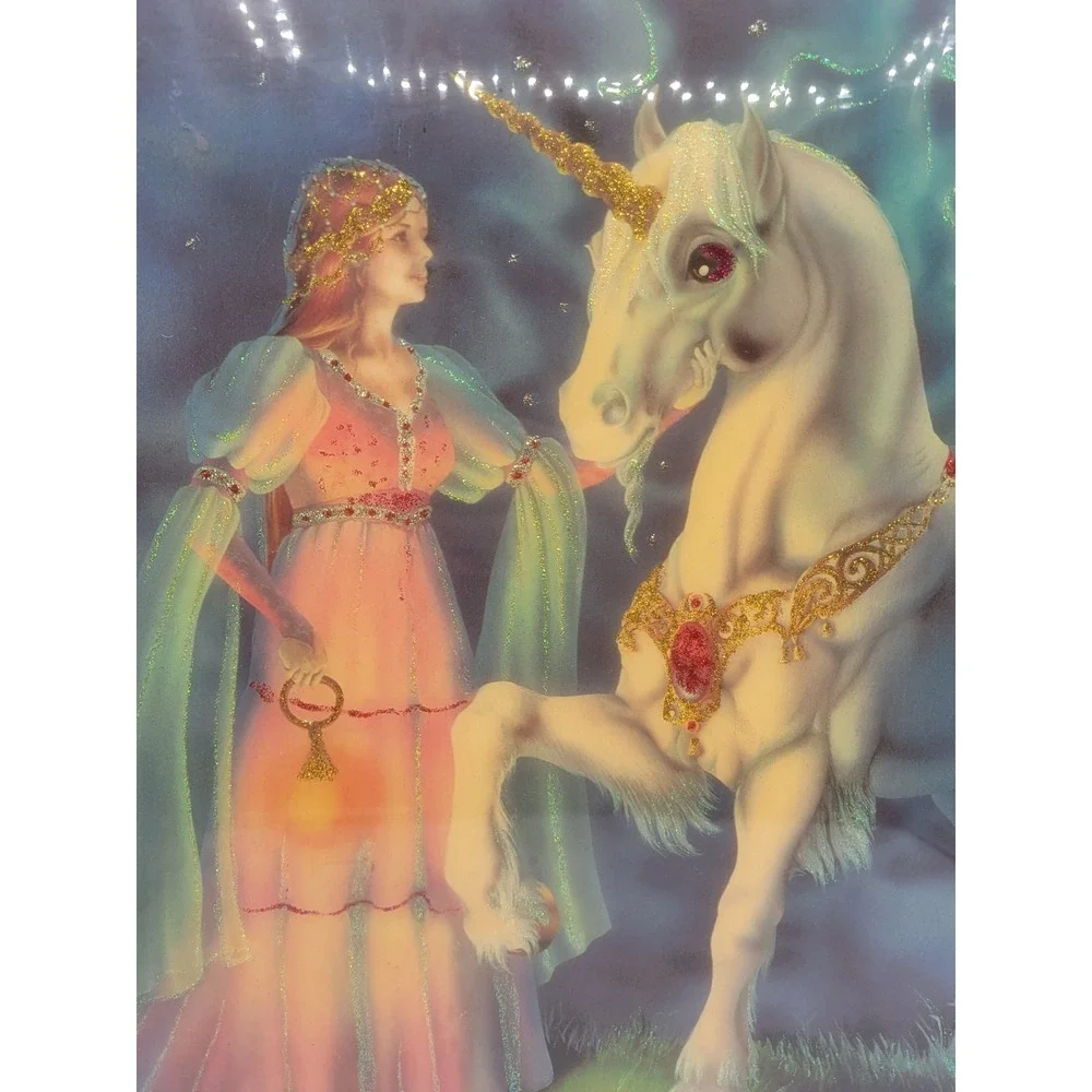 Vintage 1982 Sue Dawe Unicorn Fantasy Art Wood Plaque Glossy Glitter 80s Decor